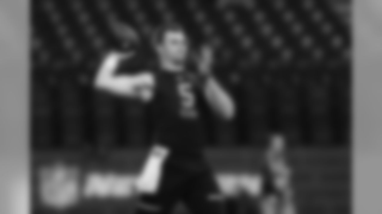Georgia quarterback Jake Fromm throws the ball during the NFL football scouting combine, Thursday, Feb. 27, 2020, in Indianapolis. (Aaron M. Sprecher via AP)