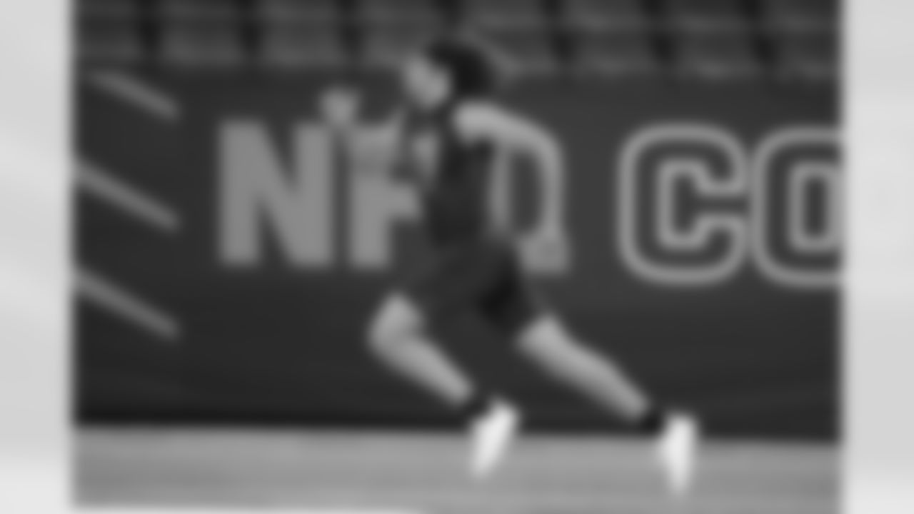 Nevada tight end Cole Turner runs the 40-yard dash at the NFL football scouting combine, Thursday, March 3, 2022, in Indianapolis. (AP Photo/Charlie Neibergall)