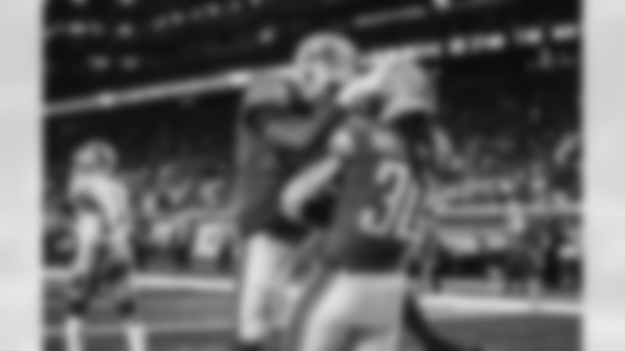 Detroit Lions running back Jamaal Williams (30) and Detroit Lions fullback Jason Cabinda (45) celebrate after a touchdown during a NFL football game against the San Francisco 49ers on Sunday, September 12, 2021 in Detroit, MI. (Jeff Nguyen/Detroit Lions).