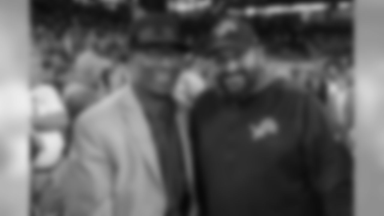 Lem Barney and Detroit Lions head coach Matt Patricia before a NFL football game against the Kansas City Chiefs Sunday, Sept. 29, 2019 in Detroit. (Detroit Lions via AP).
