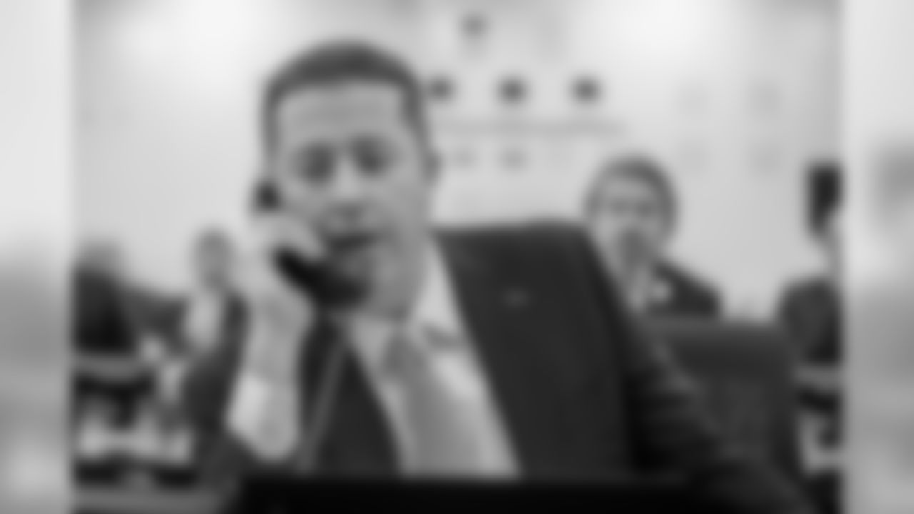 Detroit Lions executive vice president & general manager Bob Quinn in the Detroit Lions draft room on Thursday, April 25, 2019 in Allen Park, Mich. (Detroit Lions via AP)