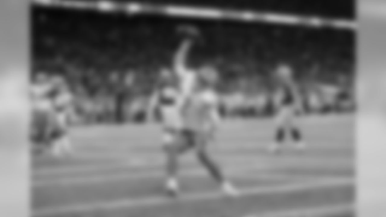 Detroit Lions quarterback Jeff Driskel (2) celebrates a touchdown during a NFL football game against the Dallas Cowboys Sunday, Nov. 17, 2019 in Detroit. (Detroit Lions via AP).