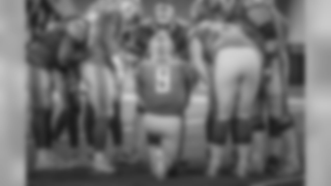 Detroit Lions offensive huddle during a NFL football game against the New England Patriots on Sunday, Sept. 23, 2018 in Detroit. (Detroit Lions via AP).