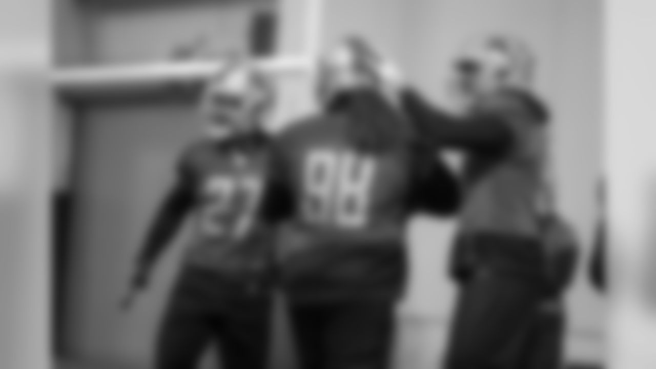Detroit Lions safety Glover Quin (27), Detroit Lions defensive tackle Damon Harrison (98) and Detroit Lions defensive end Ziggy Ansah (94) during practice at the Detroit Lions training facility on Friday, Nov. 30, 2018 in Allen Park, Mich. (Detroit Lions via AP)