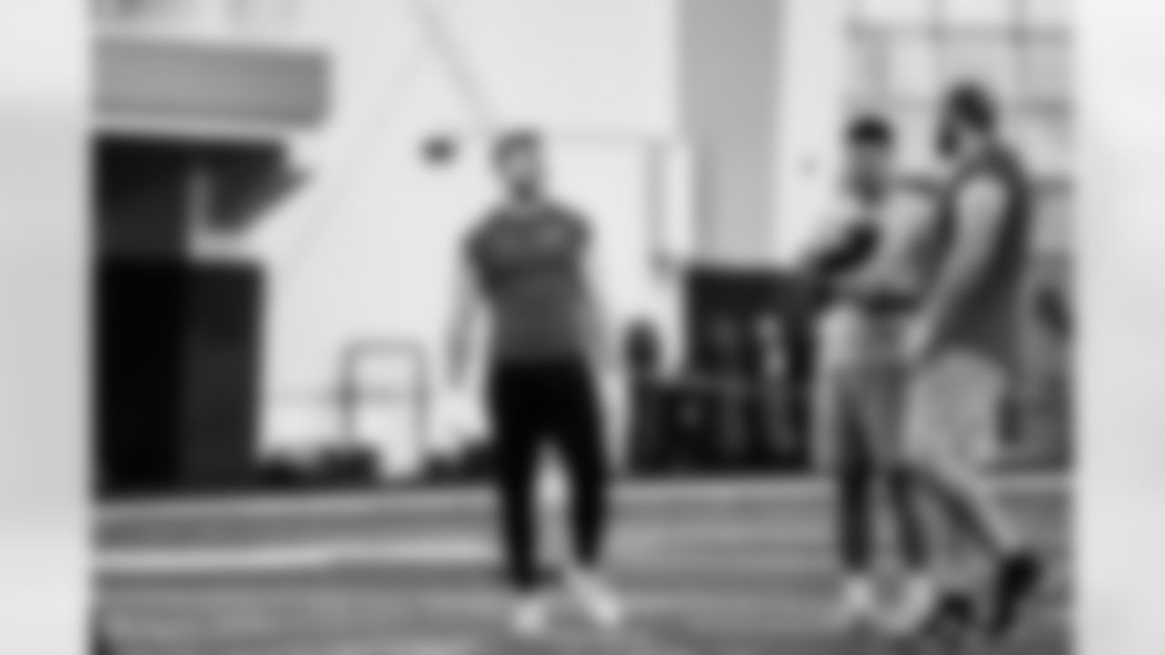 Detroit Lions tight end Matt Sokol, Detroit Lions quarterback Steven Montez (19) during a morning workout at the Lions training facility in Allen Park, MI on April 21, 2022. (Jeff Nguyen/Detroit Lions)