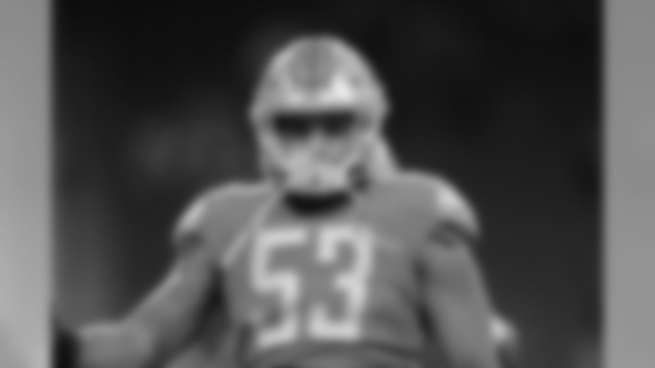Detroit Lions linebacker Trevor Bates (53) warms up before a NFL football game against the Minnesota Vikings on Sunday, Dec. 23, 2018 in Detroit. (Detroit Lions via AP).