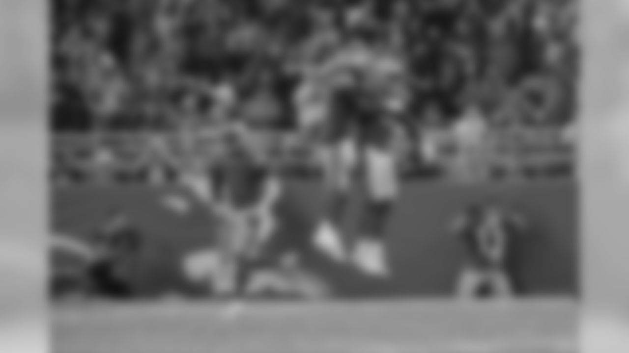 Detroit Lions linebacker Devon Kennard (42) celebrates a fumble recovery with Detroit Lions linebacker Jalen Reeves-Maybin (44) during a NFL football game against the Los Angeles Chargers Sunday, Sept. 15, 2019 in Detroit. (Detroit Lions via AP).