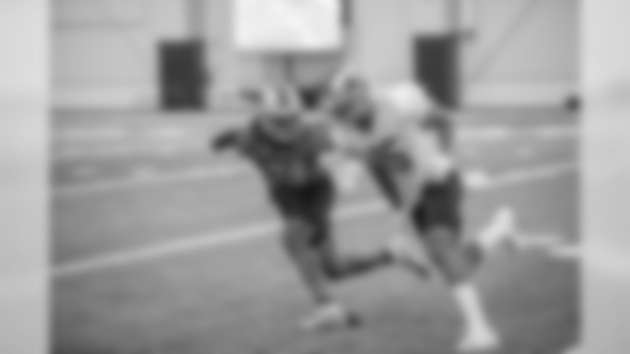 Detroit Lions wide receiver Chris Lacy (15) and Detroit Lions cornerback Amani Oruwariye (24) during practice at the Detroit Lions training facility Thursday, Dec. 19, 2019 in Allen Park, Mich. (Detroit Lions via AP)