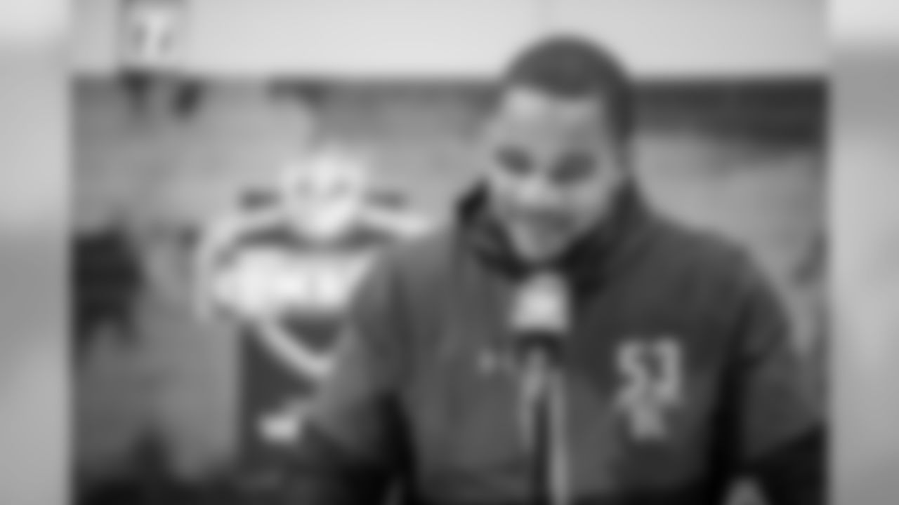 Old Dominion defensive lineman Oshane Ximines talks to the media at the NFL Scouting Combine on Saturday, March 2 2019 in Indianapolis. (Detroit Lions via AP)