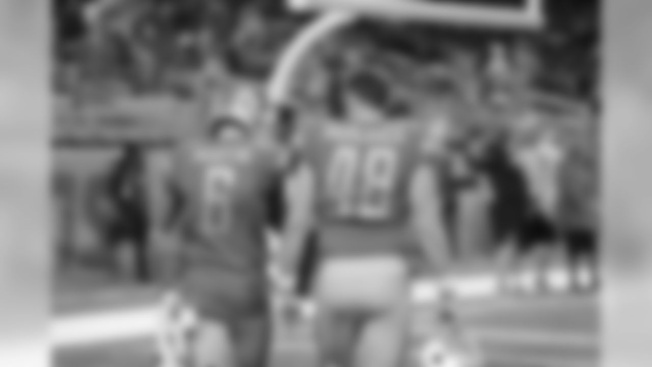 Detroit Lions punter Sam Martin (6) and Detroit Lions long snapper Don Muhlbach (48) before a NFL football game against the Green Bay Packers Sunday, Dec. 29, 2019 in Detroit. (Detroit Lions via AP).
