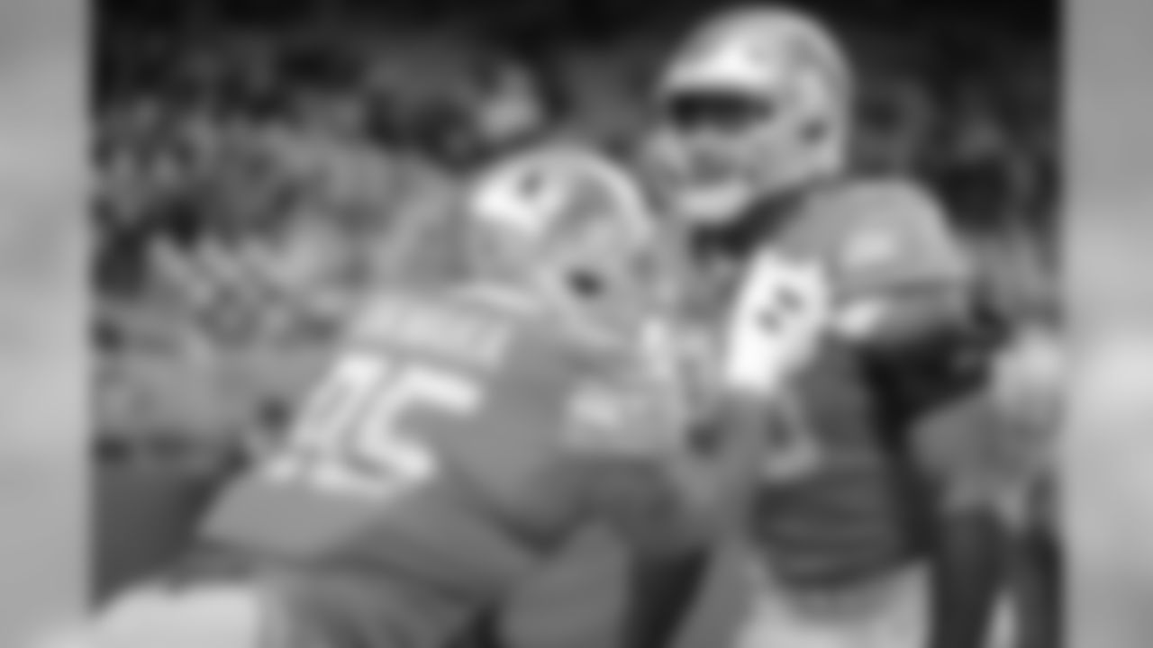 Detroit Lions defensive end Romeo Okwara (95) and Detroit Lions defensive end Trey Flowers (90) before a NFL football game against the New York Giants Sunday, Oct. 27, 2019 in Detroit. (Detroit Lions via AP).
