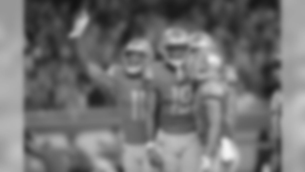 Detroit Lions wide receiver Marvin Jones Jr. (11), Detroit Lions wide receiver Kenny Golladay (19) and Detroit Lions wide receiver Danny Amendola (80) celebrate a touchdown catch during a NFL football game against the Los Angeles Chargers Sunday, Sept. 15, 2019 in Detroit. (Detroit Lions via AP).