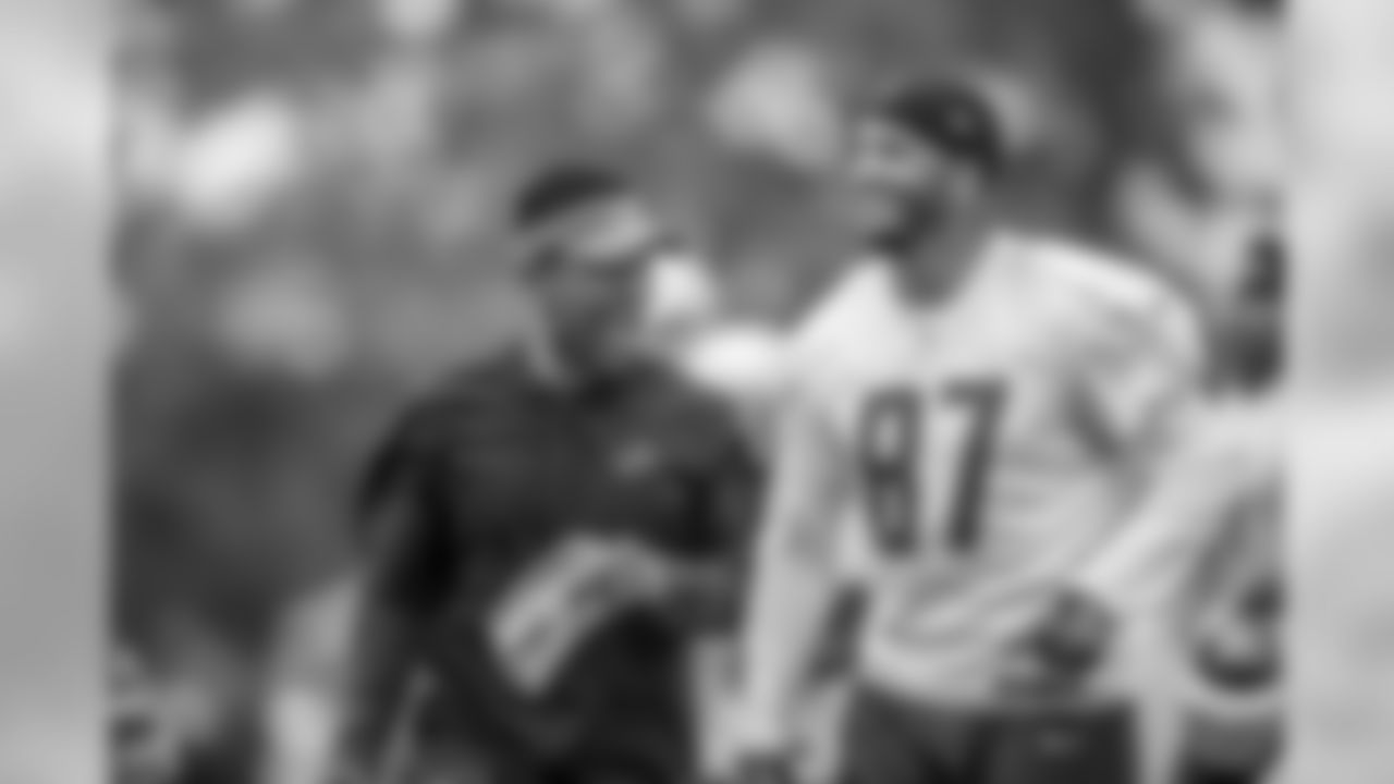 Detroit Lions wide receiver coach Robert Prince and Detroit Lions wide receiver Jermaine Kearse (87) during Day 3 of minicamp on Thursday, June 6, 2019 in Allen Park, Mich. (Detroit Lions via AP)