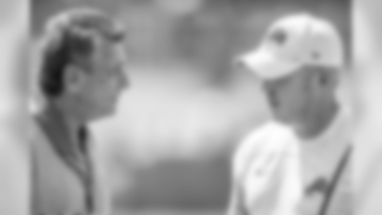 Former Detroit Lions kicker Eddie Murray talks to Detroit Lions kicker Matt Prater following Day 3 of 2019 Detroit Lions Training Camp presented by Rocket Mortgage on Saturday, July 27, 2019 in Allen Park, Mich. (Detroit Lions via AP)