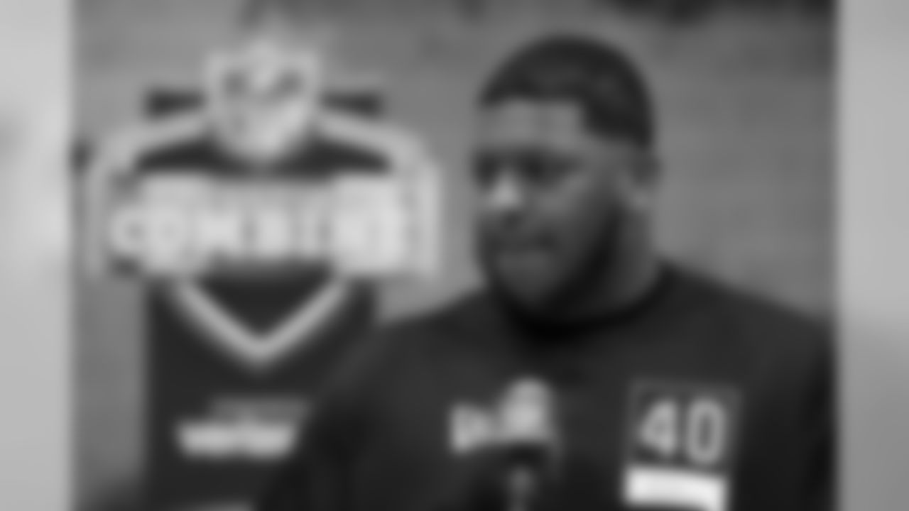 Michigan offensive lineman Cesar Ruiz speaks during a press conference at the NFL football scouting combine in Indianapolis, Wednesday, Feb. 26, 2020. (AP Photo/Charlie Neibergall)