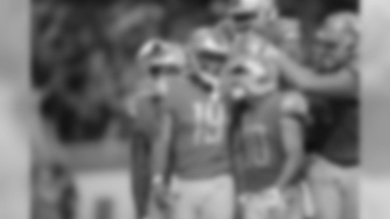 Detroit Lions wide receiver Marvin Jones Jr. (11), Detroit Lions wide receiver Kenny Golladay (19) and Detroit Lions wide receiver Danny Amendola (80) celebrate a touchdown catch during a NFL football game against the Los Angeles Chargers Sunday, Sept. 15, 2019 in Detroit. (Detroit Lions via AP).