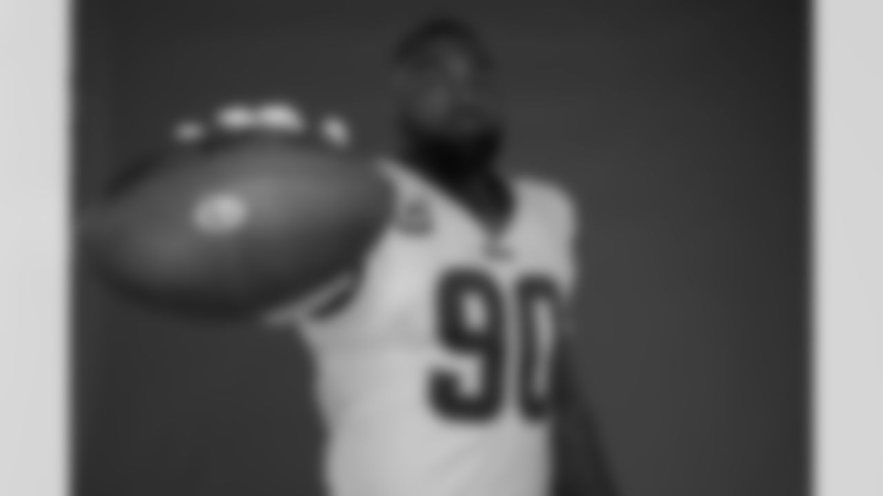 Los Angeles Rams defensive end Michael Brockers (90) poses in his white jersey for a portrait on Media Day, Monday, June 10, 2019, in Thousand Oaks, CA. (Ben Liebenberg via AP)