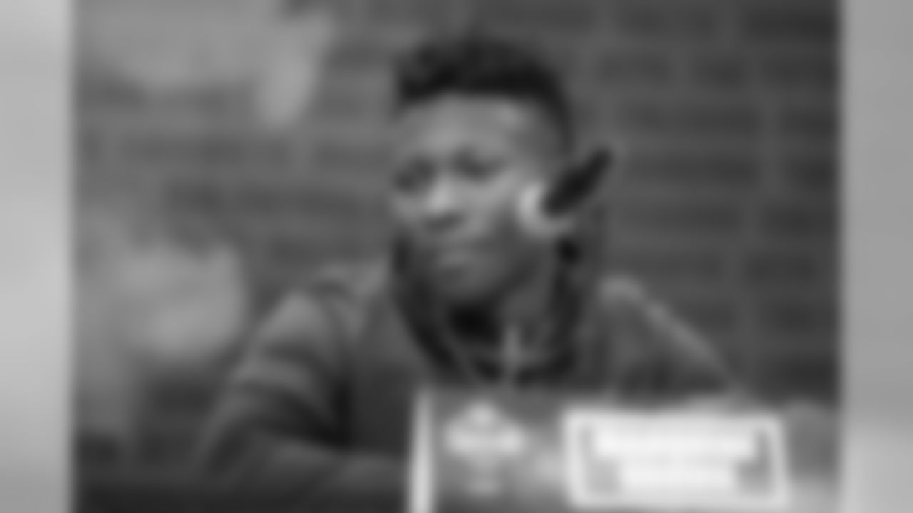 Oklahoma wideout Marquise Brown talks to the media at the NFL Scouting Combine on Friday, March 1, 2019 in Indianapolis. (Detroit Lions via AP)