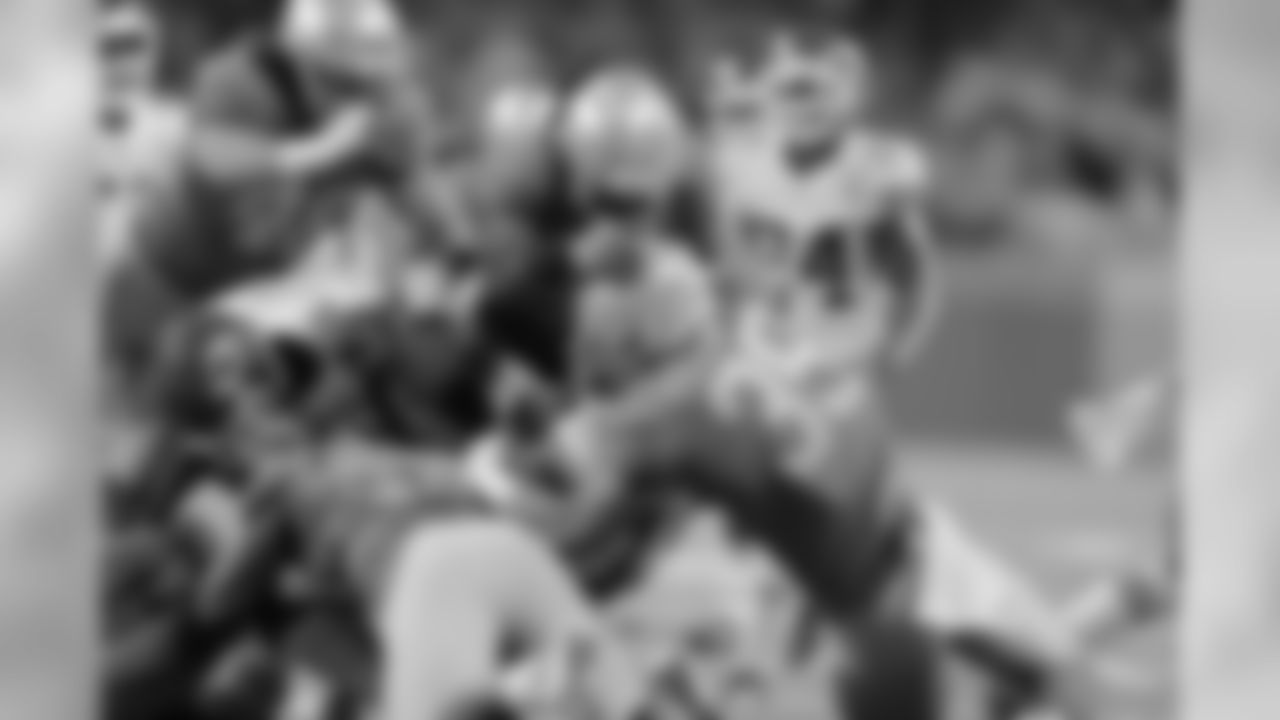 Detroit Lions fullback Nick Bawden (46), Detroit Lions cornerback Dee Virgin (30), Detroit Lions linebacker Jalen Reeves-Maybin (44) and Detroit Lions safety Miles Killebrew (35) make a tackle on special teams during a NFL football game against the Kansas City Chiefs Sunday, Sept. 29, 2019 in Detroit. (Detroit Lions via AP).