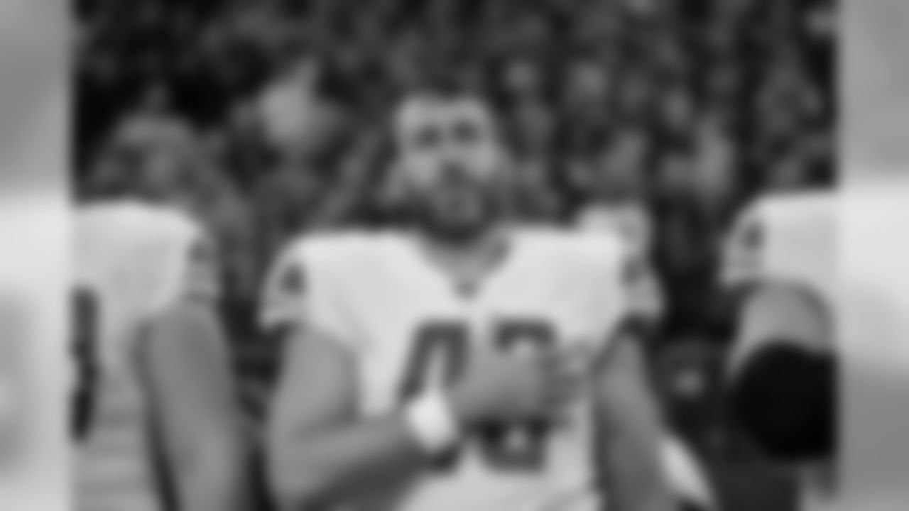 Detroit Lions long snapper Don Muhlbach (48) during the National Anthem before a NFL football game against the Minnesota Vikings Sunday, Dec. 8, 2019 in Minneapolis. (Detroit Lions via AP).