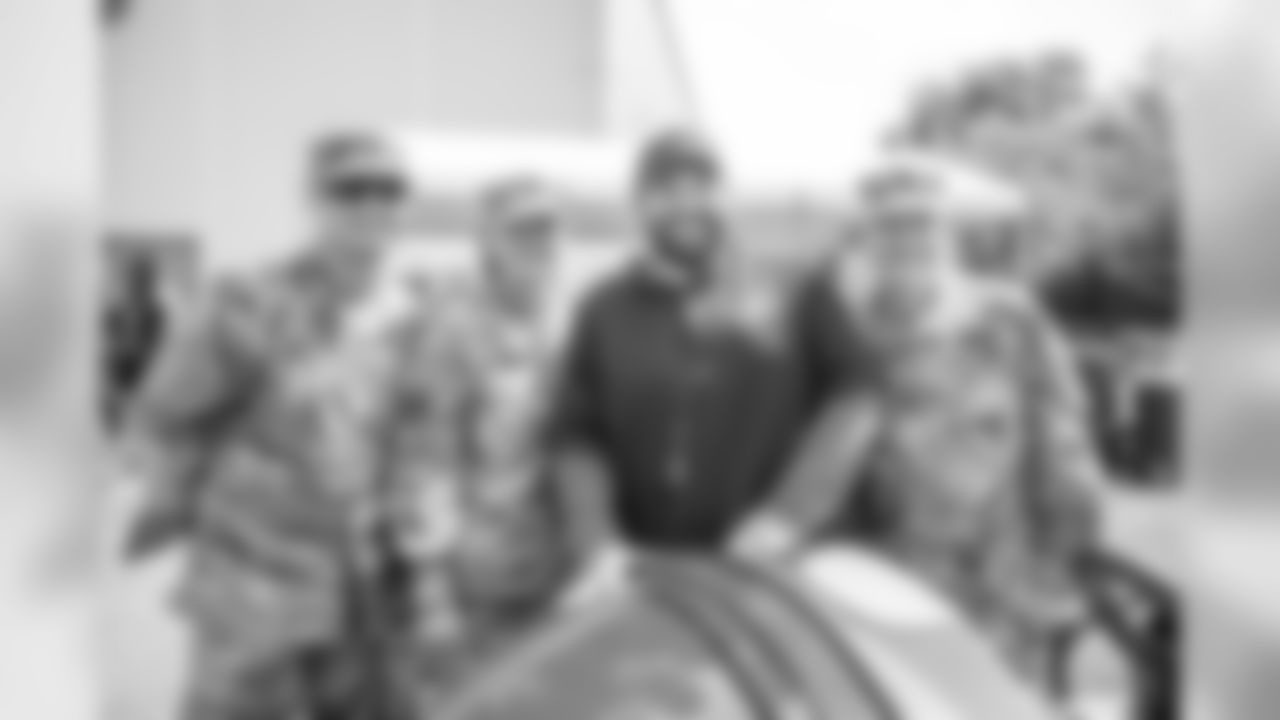 Detroit Lions head coach Matt Patricia takes a photo with military members following Day 2 of 2019 Detroit Lions Training Camp presented by Rocket Mortgage on Friday, July 26, 2019 in Allen Park, Mich. (Detroit Lions via AP)