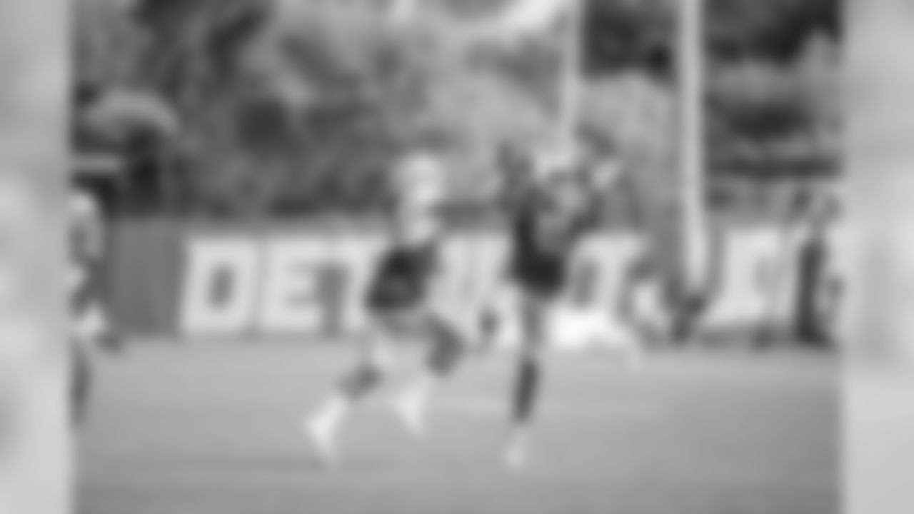 Detroit Lions safety C.J. Moore (49) closes on a pass intended for Detroit Lions wide receiver Travis Fulgham (84) during Day 6 of Detroit Lions Training Camp presented by Rocket Mortgage on Wednesday, July 31, 2019 in Allen Park, Mich.