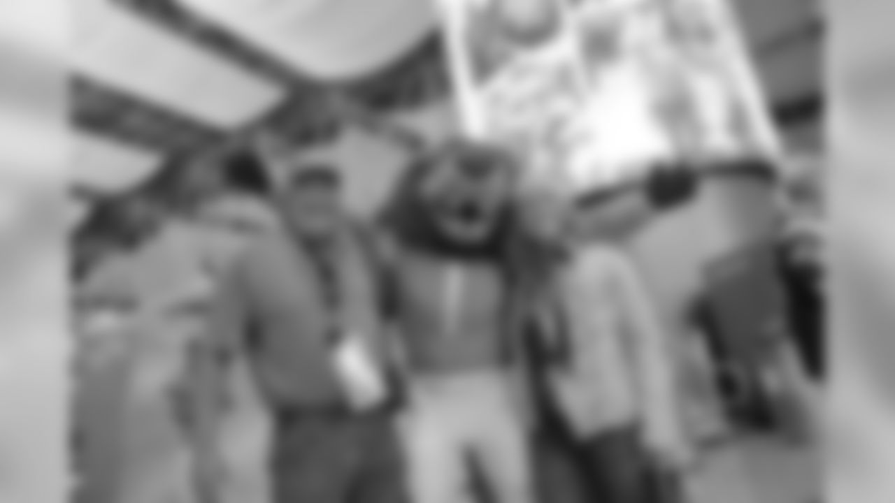 Roary with Detroit Lions fans before a NFL football game against the New England Patriots on Sunday, Sept. 23, 2018 in Detroit. (Detroit Lions via AP).