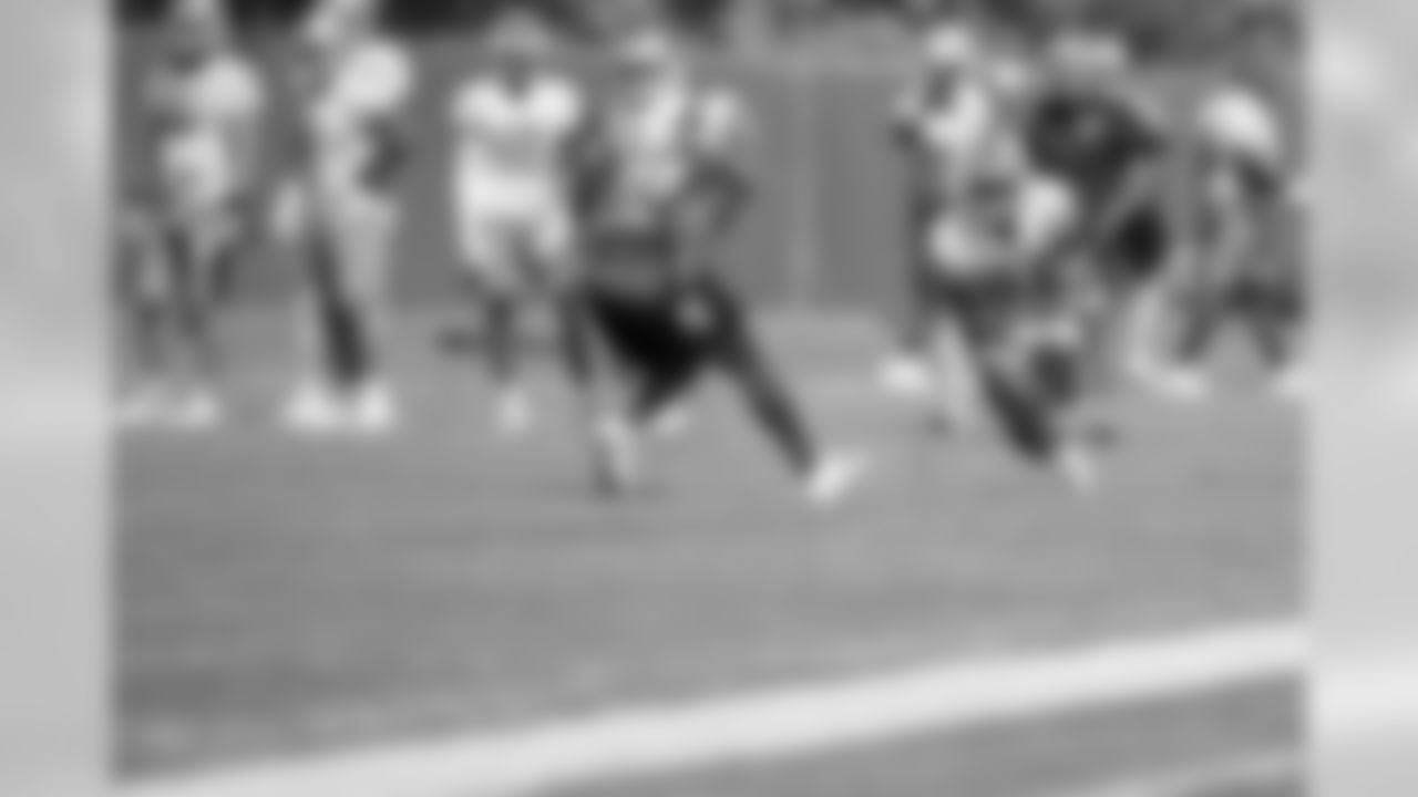 Detroit Lions running back Kerryon Johnson (33) catches a pass during training camp practice on Monday, Aug. 13, 2018 in Allen Park, Mich. (Detroit Lions via AP)