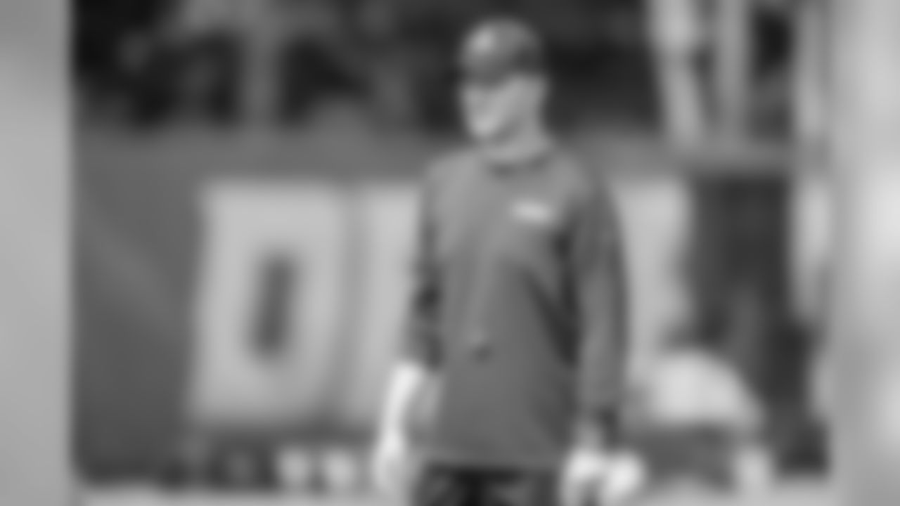 Detroit Lions offensive coordinator Darrell Bevell during practice at the Detroit Lions training facility Friday, Sept. 13, 2019 in Allen Park, Mich. (Detroit Lions via AP)