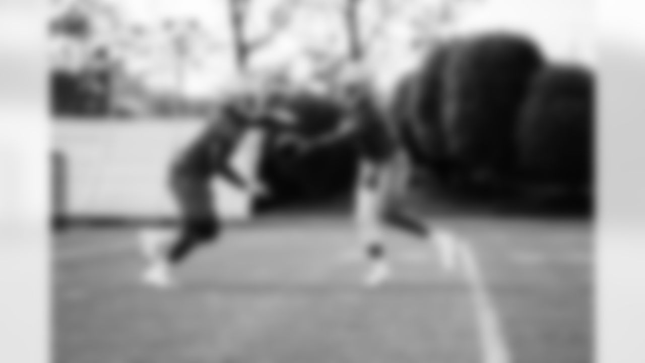 Detroit Lions running back Mohamed Ibrahim (33), Detroit Lions quarterback Adrian Martinez (18) during rookie minicamp at the Detroit Lions facility in Allen Park, MI on May 14, 2023. (Jeff Nguyen/Detroit Lions)