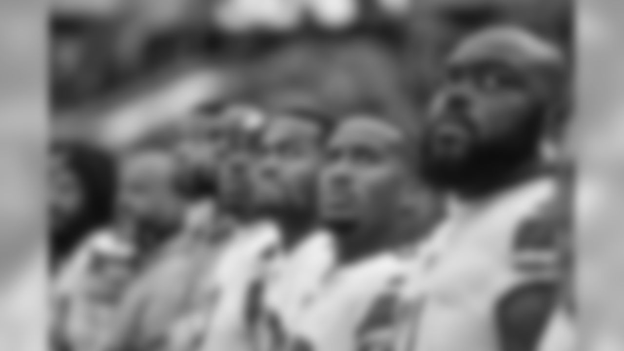 Detroit Lions defensive tackle Mike Daniels (96) during the National Anthem before a NFL football game against the Chicago Bears Sunday, Nov. 10, 2019 in Chicago. (Detroit Lions via AP).