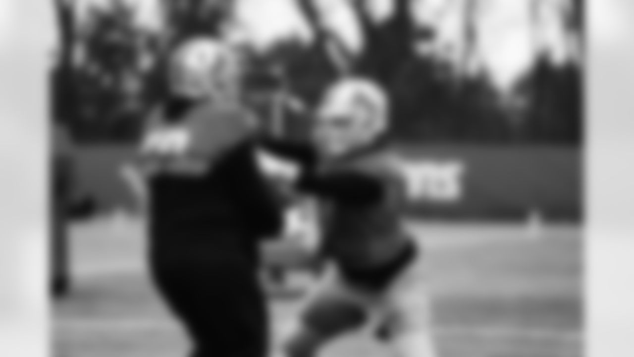 Detroit Lions tackle Penei Sewell (58), Detroit Lions tackle Matt Nelson (67) during practice at the Lions Training Facility in Allen Park, MI on January 5, 2023. (Jeff Nguyen/Detroit Lions)