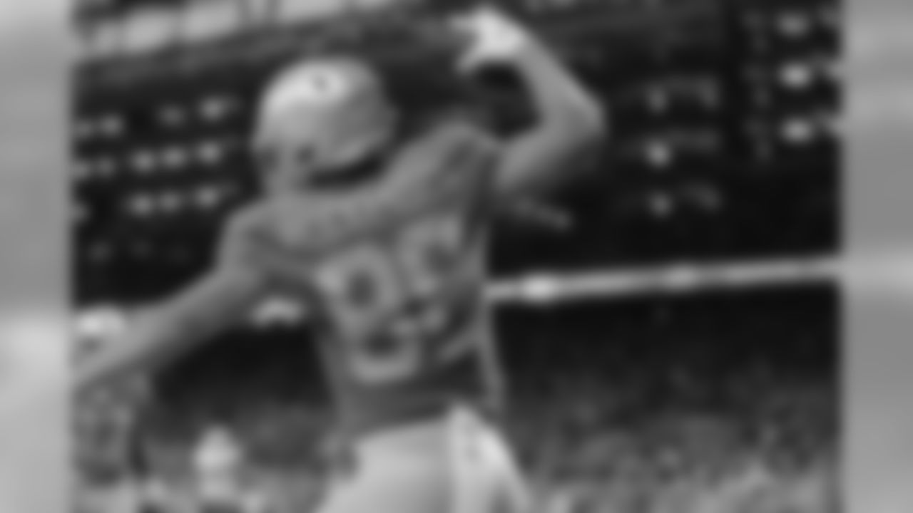 Detroit Lions tight end T.J. Hockenson (88) celebrates a touchdown catch during a NFL football game against the Kansas City Chiefs Sunday, Sept. 29, 2019 in Detroit. (Detroit Lions via AP).