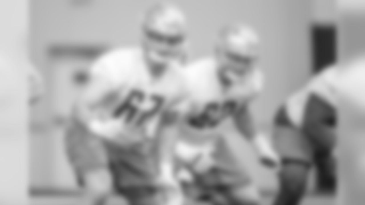 Detroit Lions tackle Matt Nelson (67) and Detroit Lions guard Beau Benzschawel (63) during Day 1 of rookie minicamp on Friday, May 10, 2019 in Allen Park, Mich. (Detroit Lions via AP)