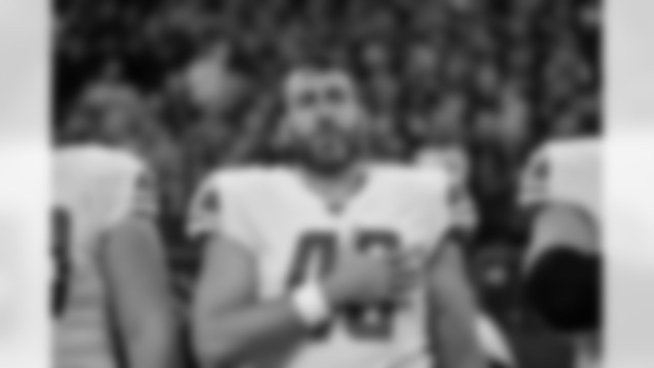 Detroit Lions long snapper Don Muhlbach (48) during the National Anthem before a NFL football game against the Minnesota Vikings Sunday, Dec. 8, 2019 in Minneapolis. (Detroit Lions via AP).