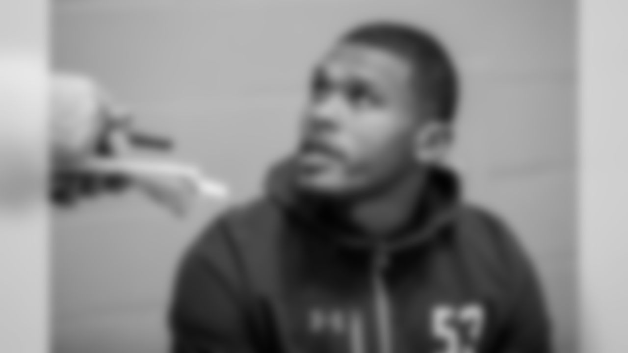 Mississippi State defensive back Mark McLaurin talks to the media at the NFL Scouting Combine on Sunday, March 3 2019 in Indianapolis. (Detroit Lions via AP)