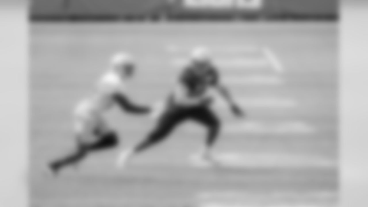 Detroit Lions linebacker Jarrad Davis (40) covers Detroit Lions running back Kerryon Johnson (33) during Day 9 of 2019 Detroit Lions Training Camp presented by Rocket Mortgage on Sunday, Aug. 4, 2019 in Allen Park, Mich. (Detroit Lions via AP)