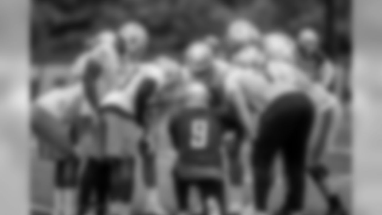 Detroit Lions quarterback Matthew Stafford (9) and the offensive huddle during Day 1 of minicamp on Tuesday, June 4, 2019 in Allen Park, Mich. (Detroit Lions via AP)
