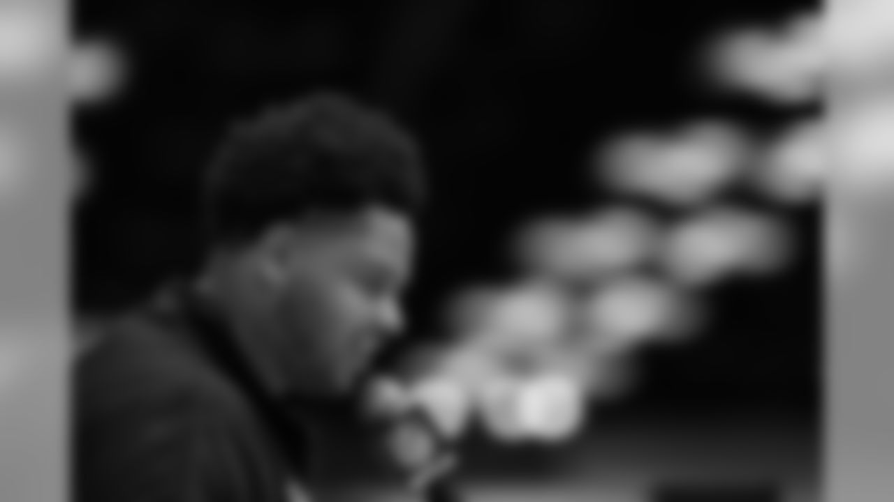 Washington offensive lineman Nick Harris speaks during a press conference at the NFL football scouting combine in Indianapolis, Wednesday, Feb. 26, 2020. (AP Photo/Charlie Neibergall)