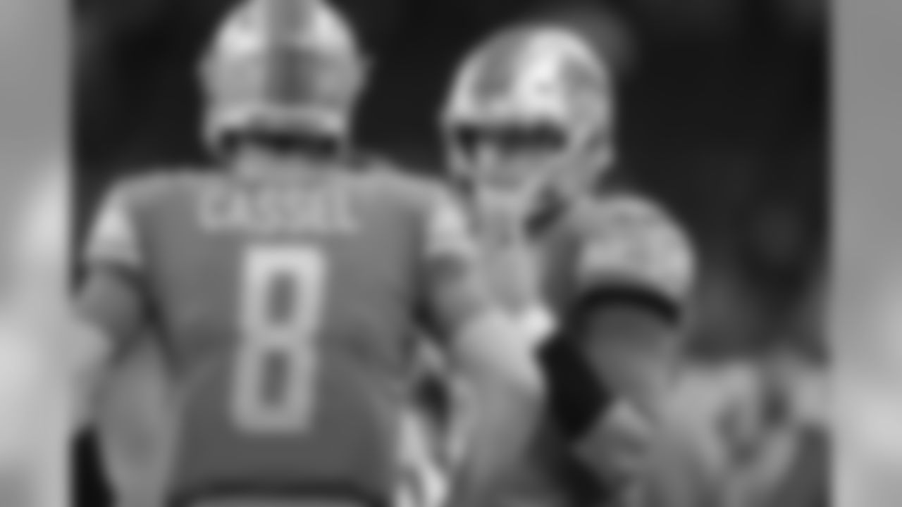 Detroit Lions quarterback Matt Cassel (8) and Detroit Lions quarterback Matthew Stafford (9) during a NFL football game against the Minnesota Vikings on Sunday, Dec. 23, 2018 in Detroit. (Detroit Lions via AP).
