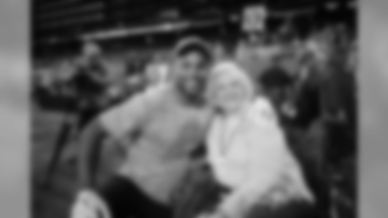 Detroit Lions wide receiver Golden Tate with Lions 94-year-old superfan, Delphine Scott, before a NFL football game between the Detroit Lions and the New York Jets on Monday, Sept. 10, 2018 in Detroit.