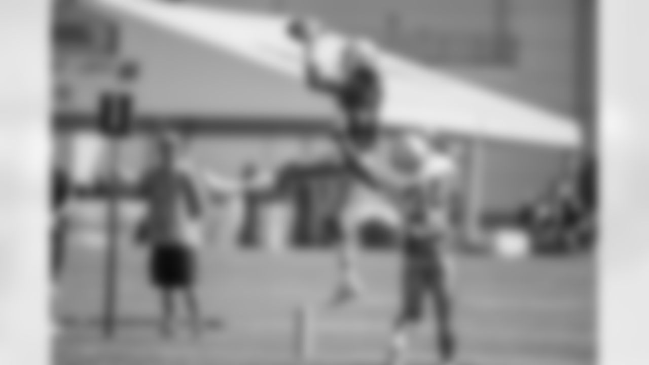Detroit Lions wide receiver Teo Redding (10) catches a touchdown pass during training camp practice on Saturday, Aug. 4, 2018 in Allen Park, Mich. (Detroit Lions via AP)