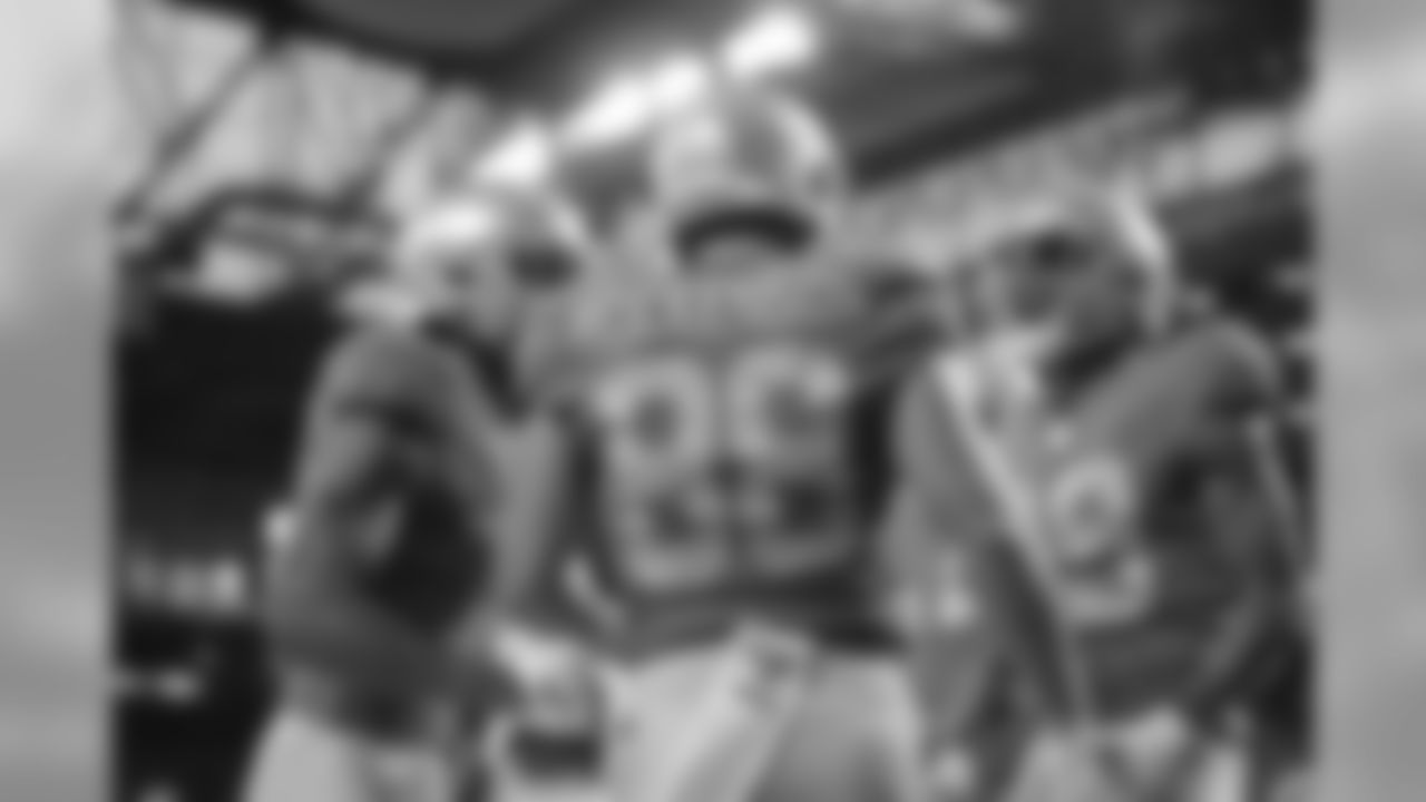 Detroit Lions tight end T.J. Hockenson (88) celebrates a touchdown catch with Detroit Lions wide receiver Marvin Jones Jr. (11) and Detroit Lions wide receiver Kenny Golladay (19) during a NFL football game against the Kansas City Chiefs Sunday, Sept. 29, 2019 in Detroit. (Detroit Lions via AP).