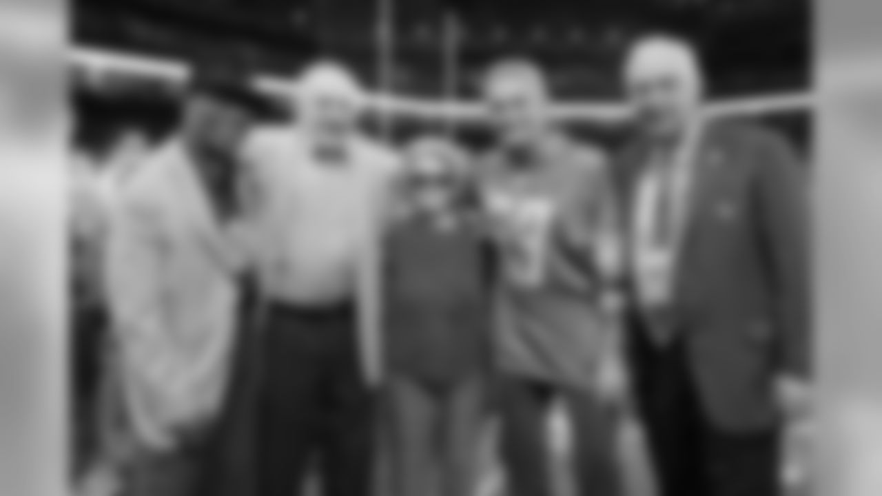 Detroit Lions owner and chairman Martha Firestone Ford with Lions Legends before a NFL football game against the Kansas City Chiefs Sunday, Sept. 29, 2019 in Detroit. (Detroit Lions via AP).