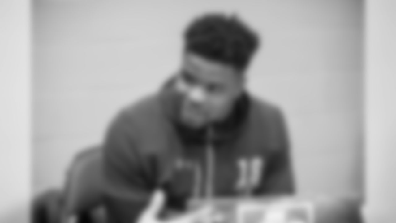 Arkansas linebacker Dre Greenlaw talks to the media at the NFL Scouting Combine on Saturday, March 2 2019 in Indianapolis. (Detroit Lions via AP)