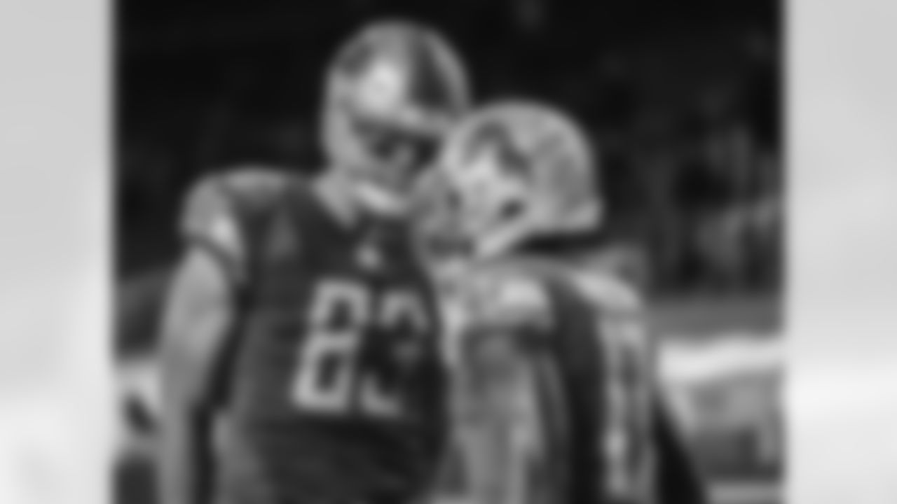 Detroit Lions tight end Jesse James (83) and Detroit Lions wide receiver Marvin Hall (17) celebrate after a touchdown during an NFL football game against the Washington football team on Sunday, Nov. 15, 2020 in Detroit. (Detroit Lions via AP).