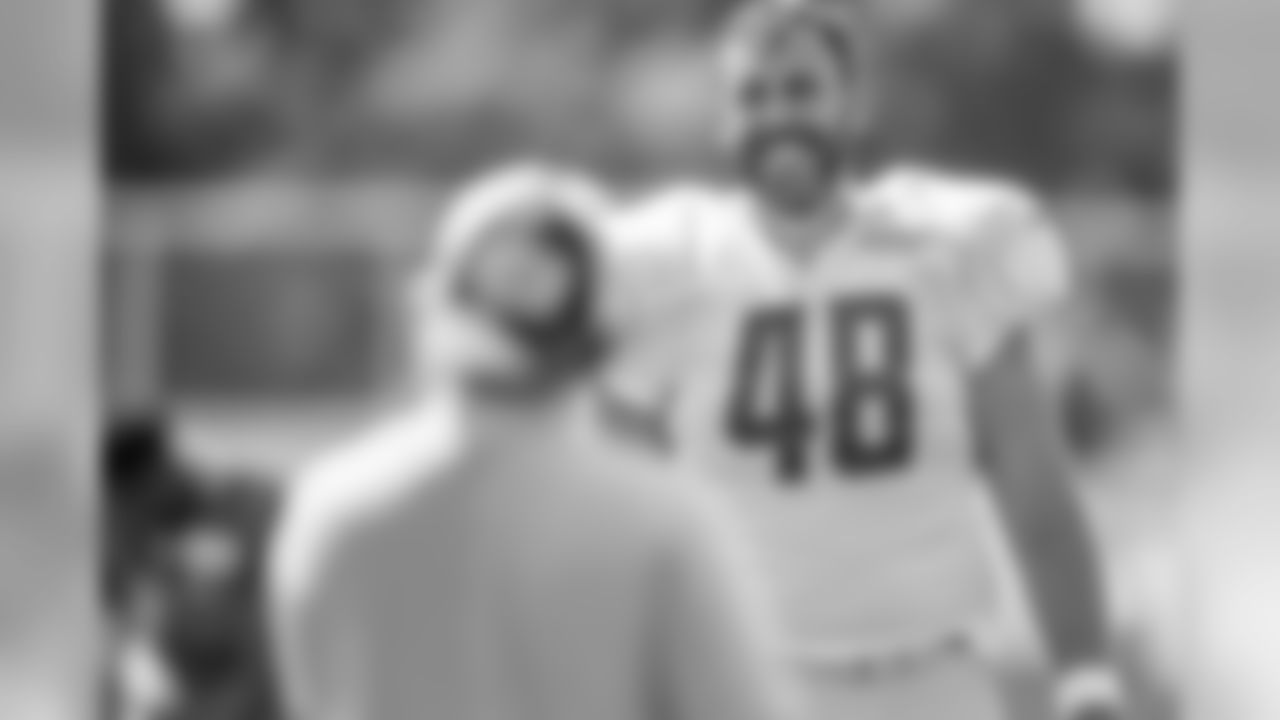Detroit Lions long snapper Don Muhlbach (48) smiles following Day 3 of 2019 Detroit Lions Training Camp presented by Rocket Mortgage on Saturday, July 27, 2019 in Allen Park, Mich. (Detroit Lions via AP)