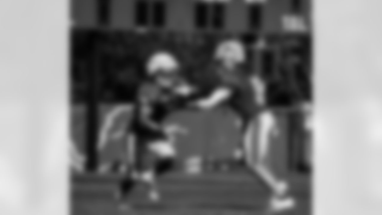 Detroit Lions running back Craig Reynolds (13), Detroit Lions quarterback David Blough (18) during practice at the Lions training facility in Allen Park, MI on October 3, 2023. (Jeff Nguyen/Detroit Lions)