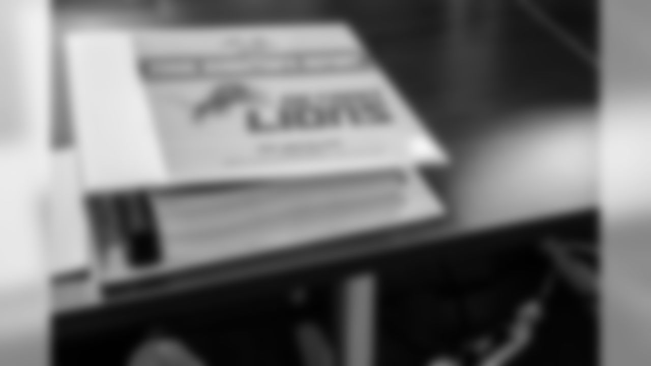 Detroit Lions owner and chairman Martha Firestone Ford's 2019 NFL draft binder in the Detroit Lions draft room on Thursday, April 25, 2019 in Allen Park, Mich. (Detroit Lions via AP)