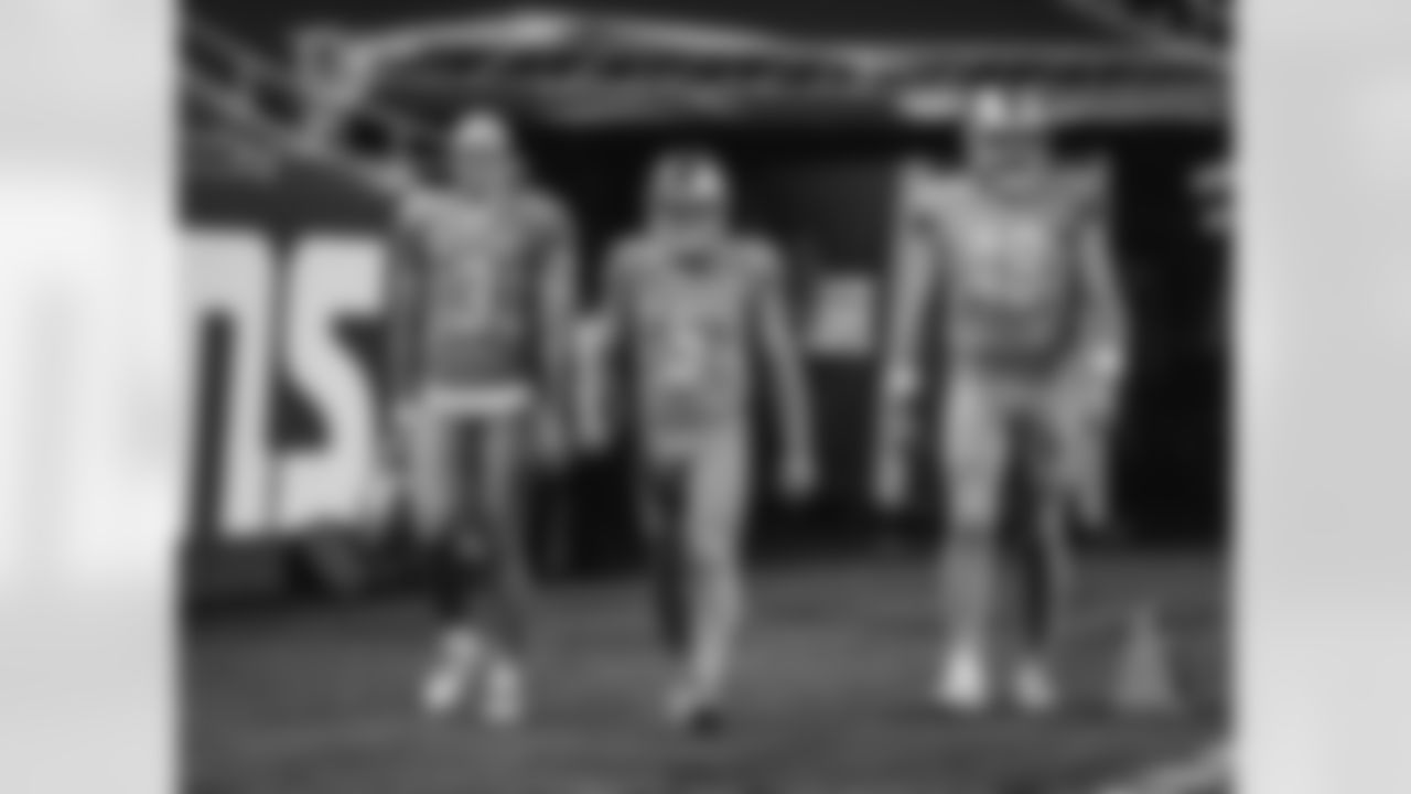 Detroit Lions punter Jack Fox (3), Detroit Lions kicker Matt Prater (5), and Detroit Lions longsnapper Don Muhlbach (48) before an NFL football game against the Tampa Bay Buccaneers on Saturday, Dec. 26, 2020 in Detroit, MI. (Detroit Lions via AP).